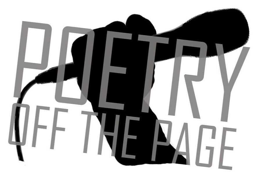 A silhouette of a hand holding a mic with Poetry off the Page overlaying it