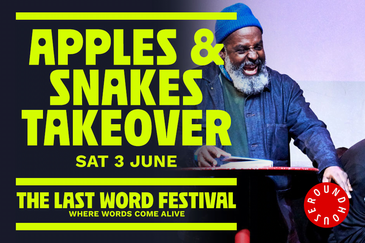 A man on stage, smiling with excitement. Words read Apples and Snakes Takeover