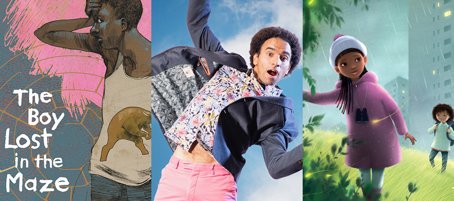 a trio of images. The first a cartoon boy in white vest that reads the boy lost in the maze. The middle image is an adult make in pink trousers and floral shirt jumping. The last image is a cartoon girl, holding hands with her younger brother.