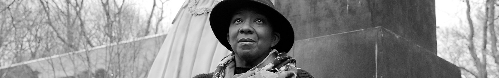 Black and white portrait of Shirley may looking ahead